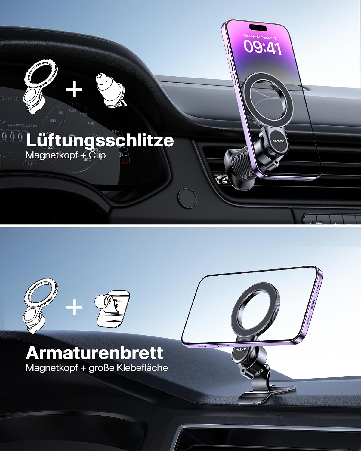 Miracase [2026 Upgraded Handyhalterung Auto Handy Halterung,Universal Car Phone Holder[Stärkste Saugnapf & Lüftungshaken] 360° Drehbar kfz autohalterung Lautsprecher für iPhone Samsung Galaxy Google