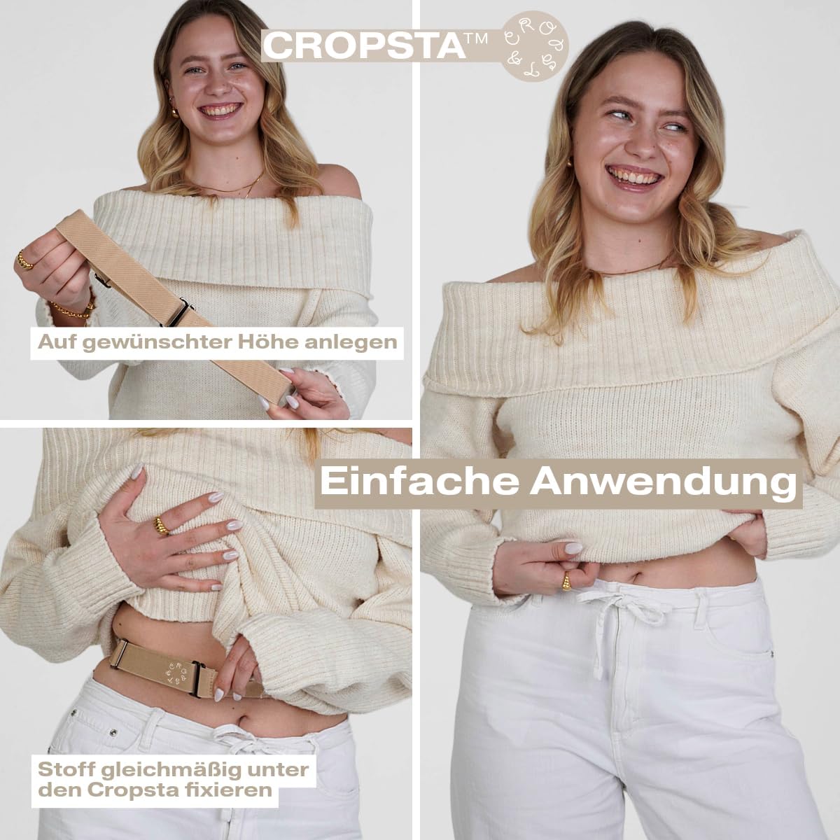 Crop Band für Shirts & Hoodies - Elastisch & verstellbar für perfekten Cropped Look - Unsichtbar unter Kleidung - Fashion Tool Unisex (Beige)