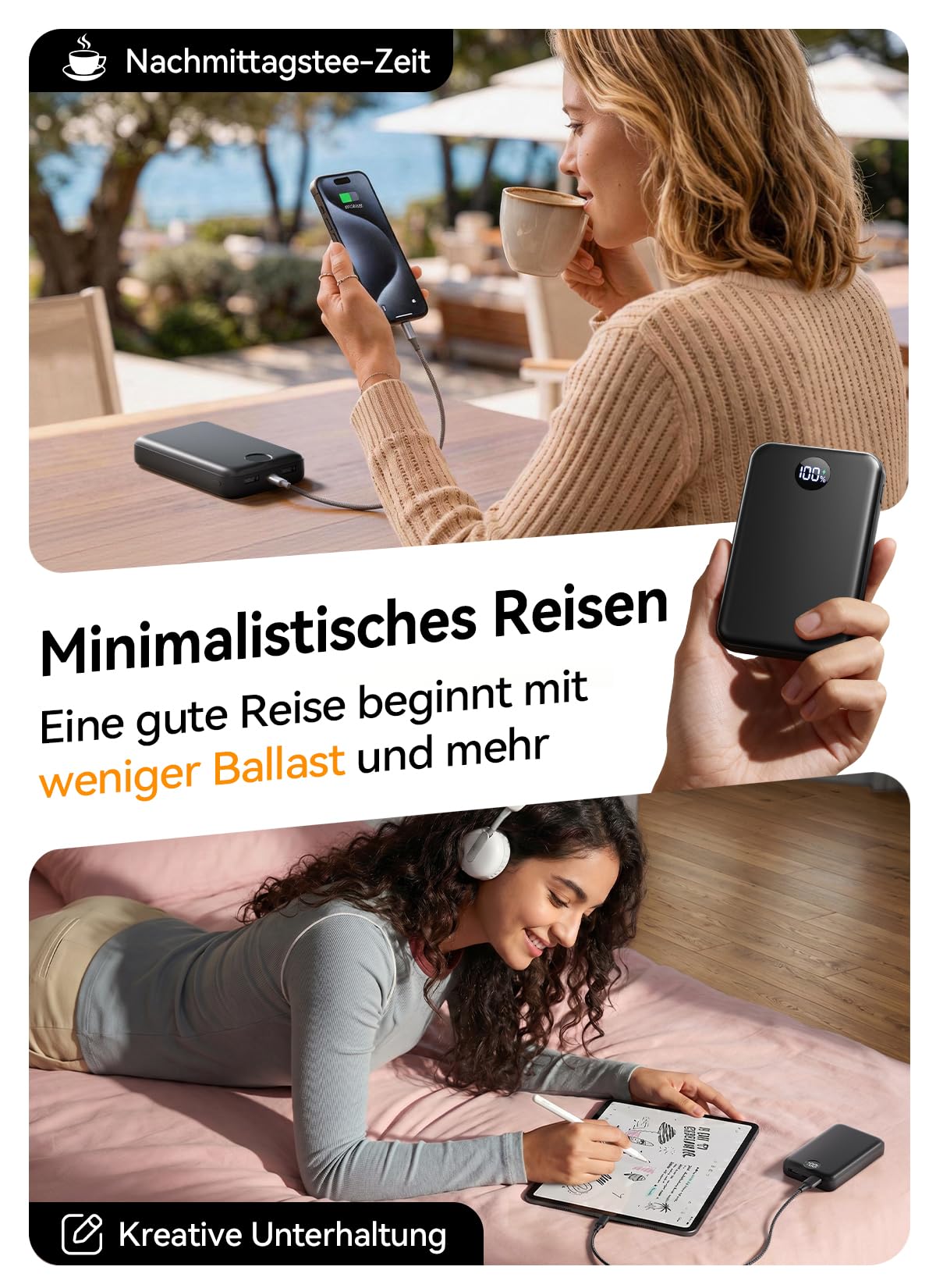 Power Bank 27000mAh, Ultra Kompakte Powerbank Schnellladen mit 3-in-1 Kabel