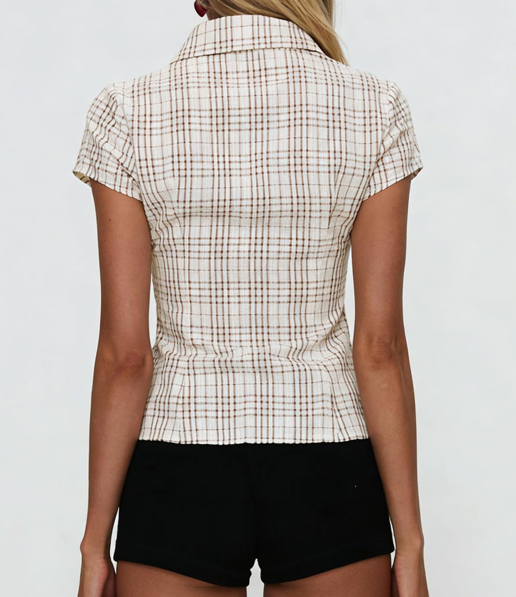 Damen Y2K Kurzarm-Bluse mit Knopfleiste, körperbetont und mit Kragen