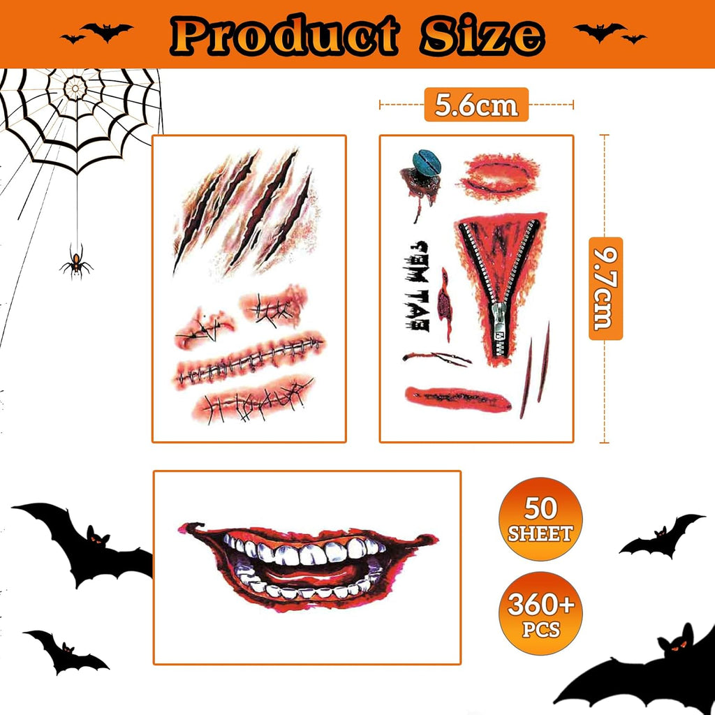 Tatouage Halloween Temporaire, 50 Feuilles Fausse Cicatrice Plaie Halloween