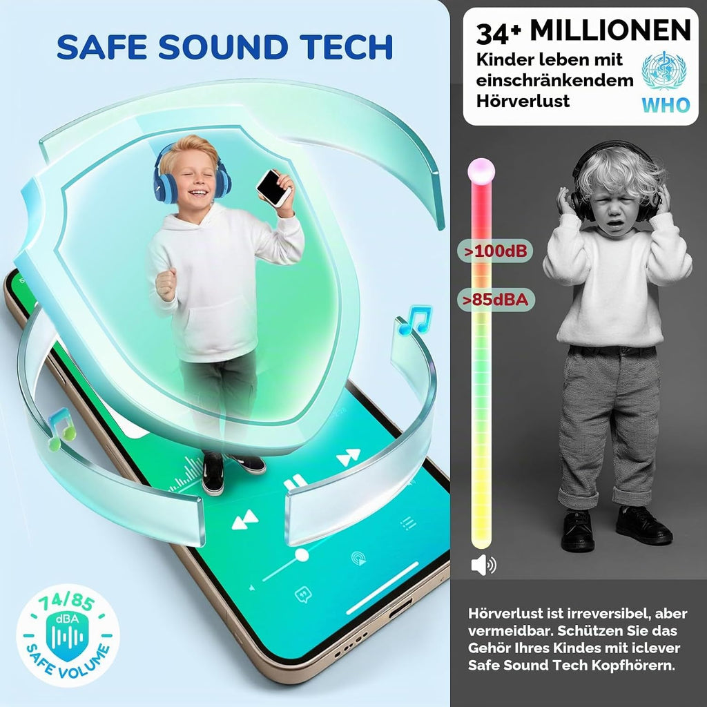 iClever BTH12 Bluetooth-Kopfhörer für Kinder mit LED-Beleuchtung, 85 Stunden Wiedergabezeit, ideal für Reisen