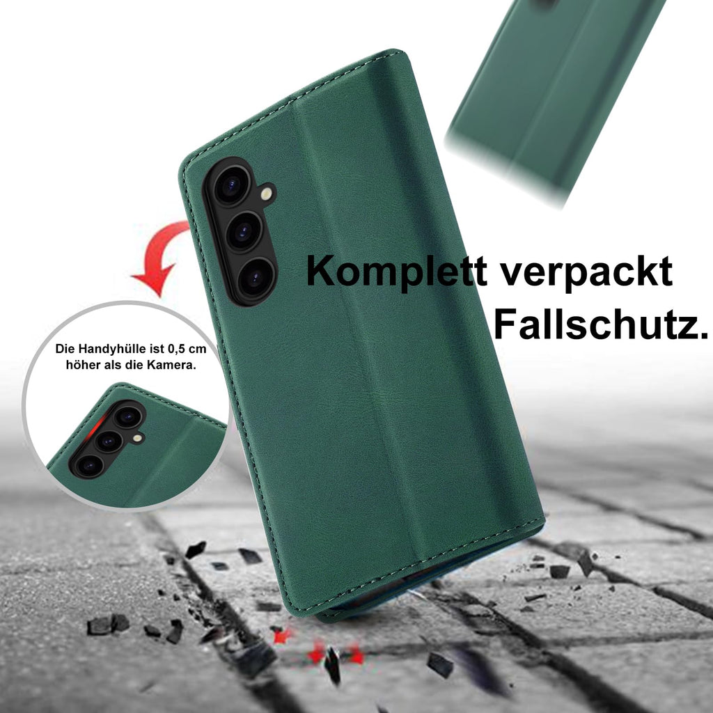 Giyer Handyhülle für Samsung Galaxy S24 5G Hülle mit Schutzfolie, Schutzhülle Galaxy S24 5G PU Leder Wallet Flip Case Standfunktion Kartenfach Klapphülle für Samsung S24 Ultra Full Cover (Grün)