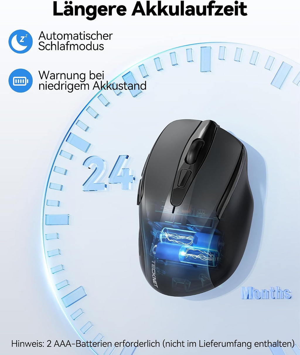 TECKNET Kabellose Maus, 2.4G Optische Funkmaus mit USB Empfänger, Grau