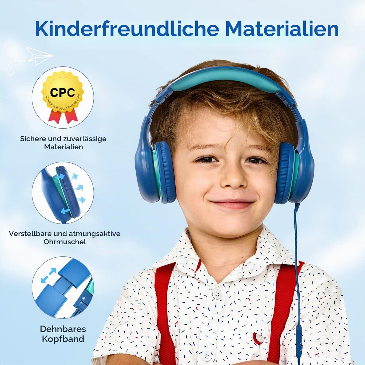 EarFun Kinder Kopfhörer mit 3,5 mm Kabel, Lautstärkebegrenzung, Blau-grün