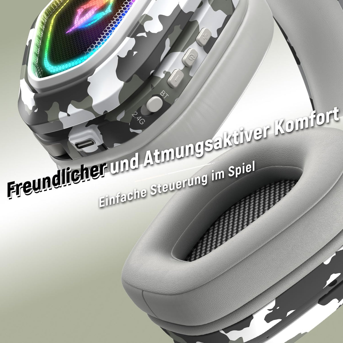 Ozeino 2.4GHz Gaming Headset Wireless mit Mikrofon Geräuschunterdrückung für Ps5/PC/Ps4/Mac, Bluetooth Headset mit RGB Licht, Gaming kopfhörer 40H+ Akkulaufzeit