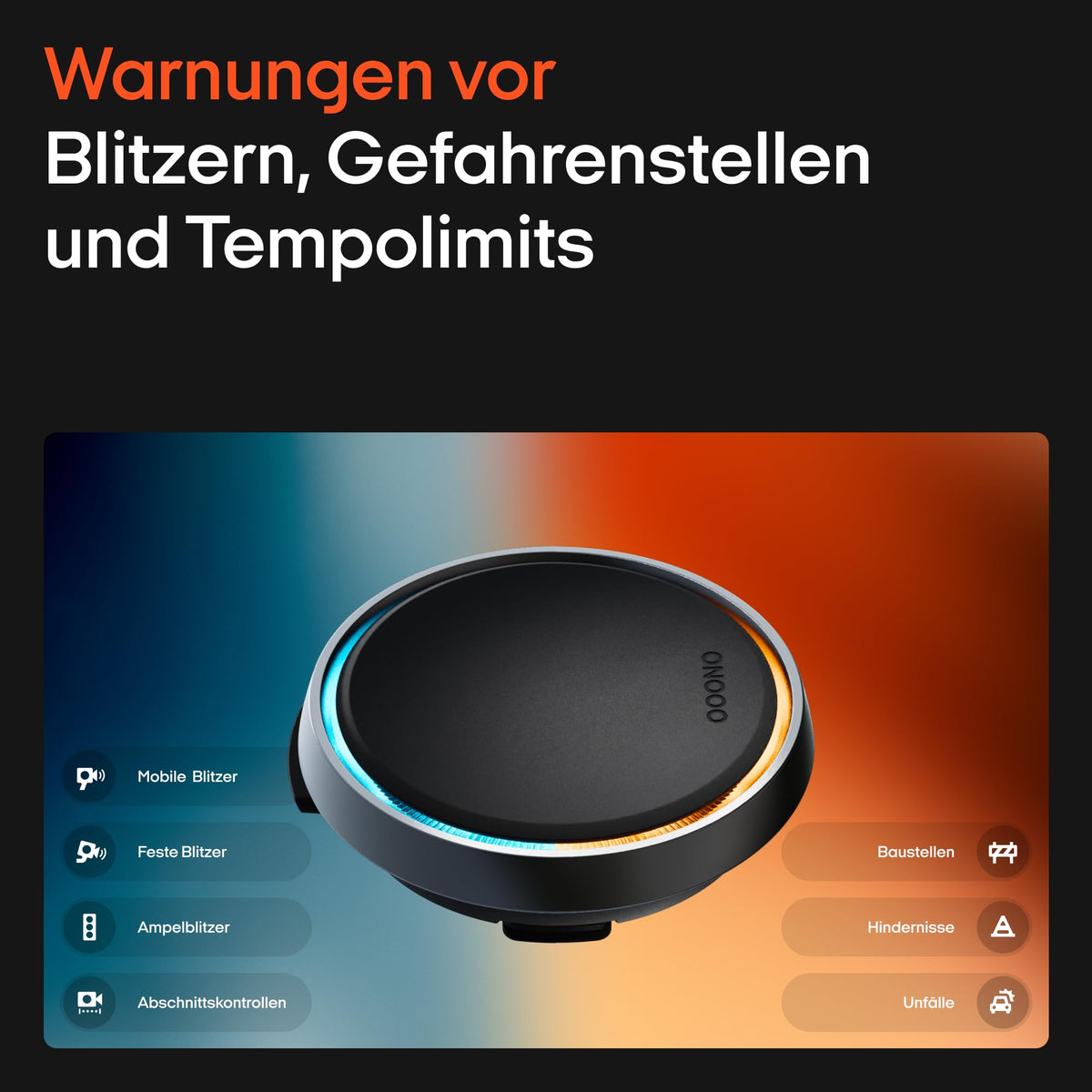 OOONO Co-Driver NO2 Schwarz- Optimierter Co-Driver fürs Auto - Warnt vor Tempo-Kontrollen und Gefahrenstellen – Wiederaufladbar – LED-Anzeige – CarPlay & Android Auto kompatibel