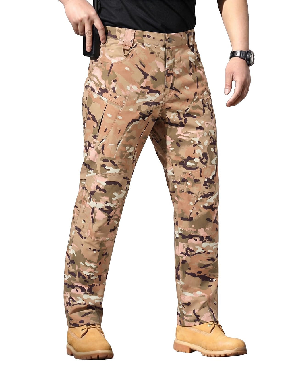 Men's Stretch Tactical Pants Waterproof Ripstop Fabric Cargo Pants Lightweight Casual Hiking Outdoor Work Pants (No Belt)