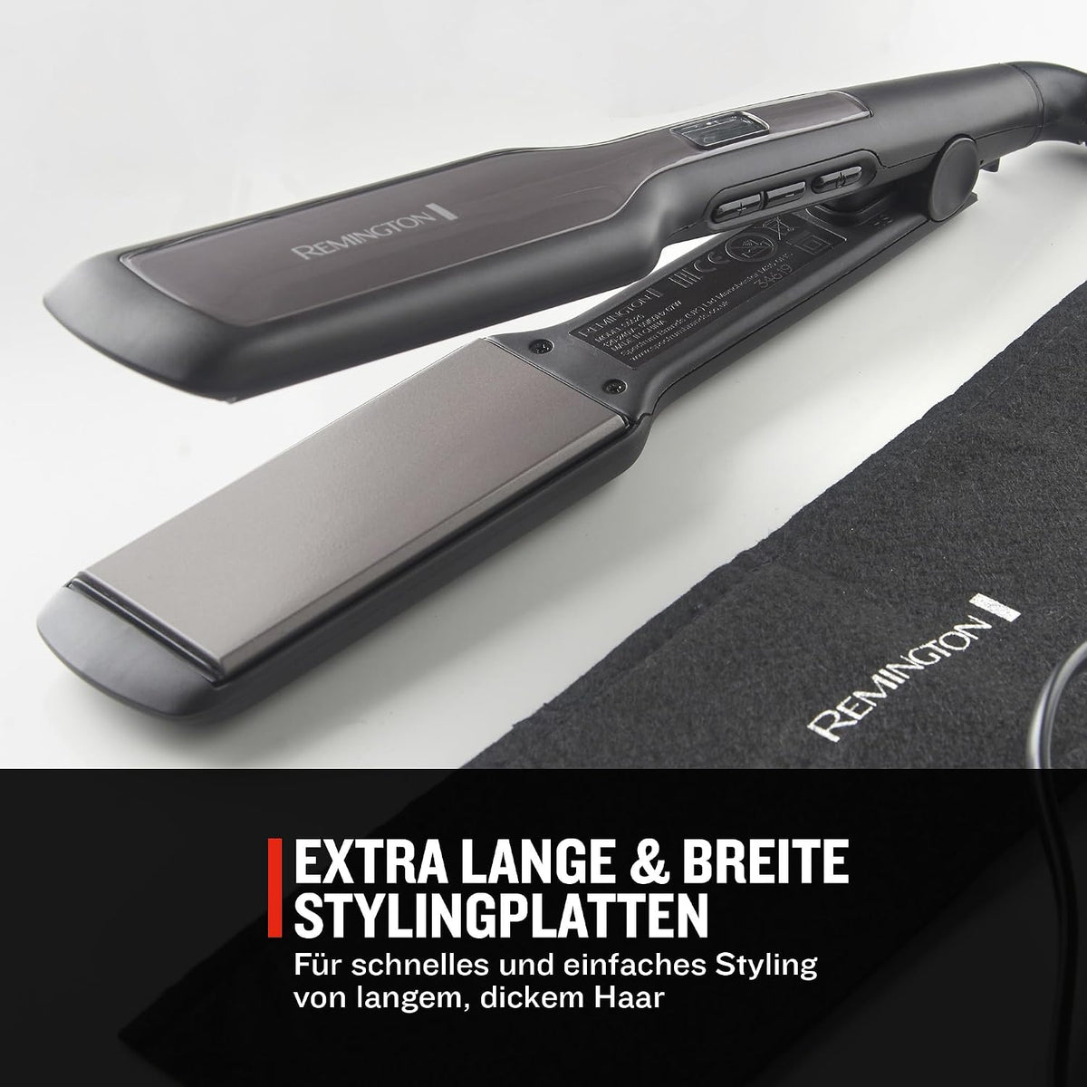 Remington Glätteisen Pro-Ceramic Extra breit (extrabreite 45-mm-Stylingplatten – speziell für dickes, krauses, lockiges und sehr langes Haar), LCD-Display, 150–230 °C, Haarglätter S5525