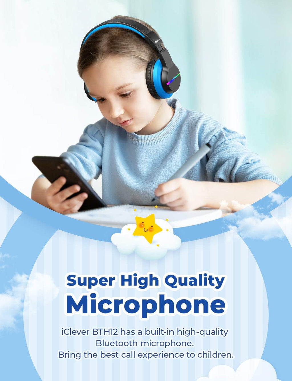 iClever BTH12 Bluetooth-Kopfhörer für Kinder mit LED-Beleuchtung, 85 Stunden Wiedergabezeit, ideal für Reisen