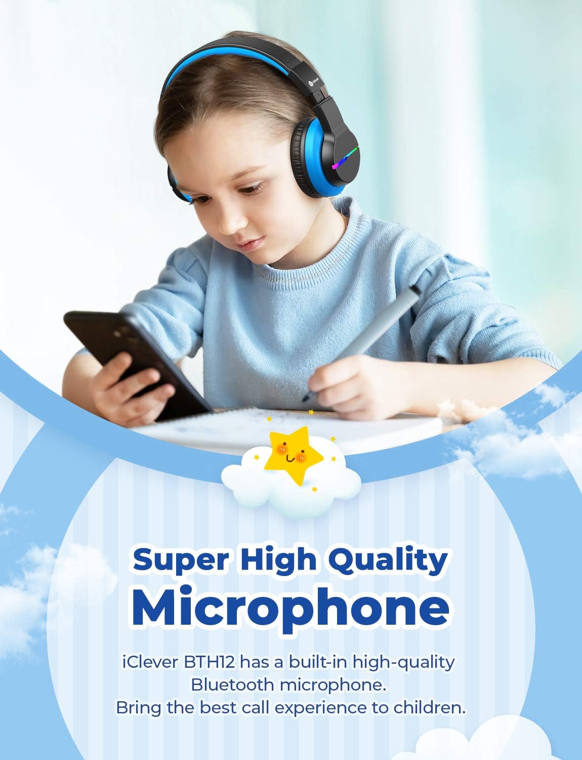 iClever BTH12 Bluetooth-Kopfhörer für Kinder mit LED-Beleuchtung, 85 Stunden Wiedergabezeit, ideal für Reisen
