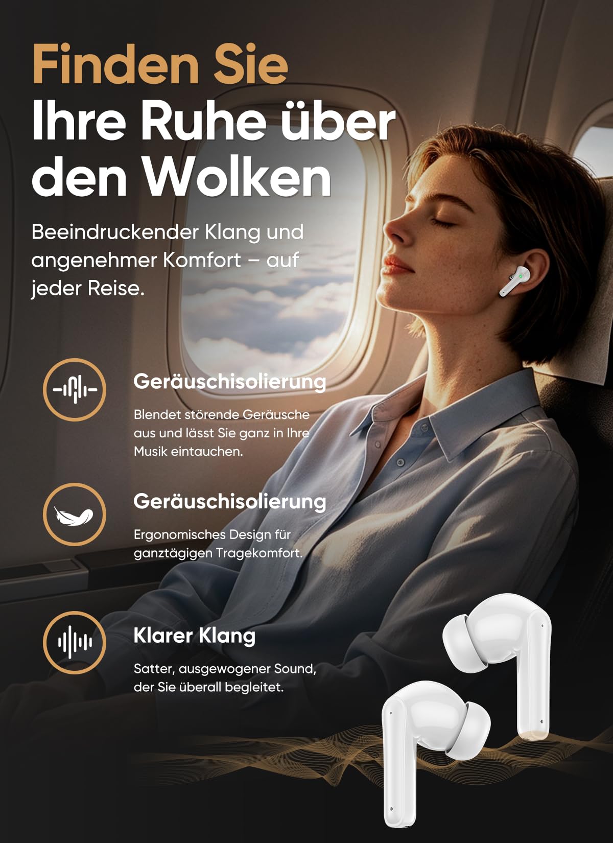 Bluetooth 5.4 Kabellose In-Ear Kopfhörer mit Smart Touchscreen, 48 Std. Wiedergabezeit, Aktive ANC Geräuschunterdrückung + ENC Anrufverarbeitung, 5 EQ-Modi, HiFi Stereo, IPX7 Wasserdicht Austerweiß