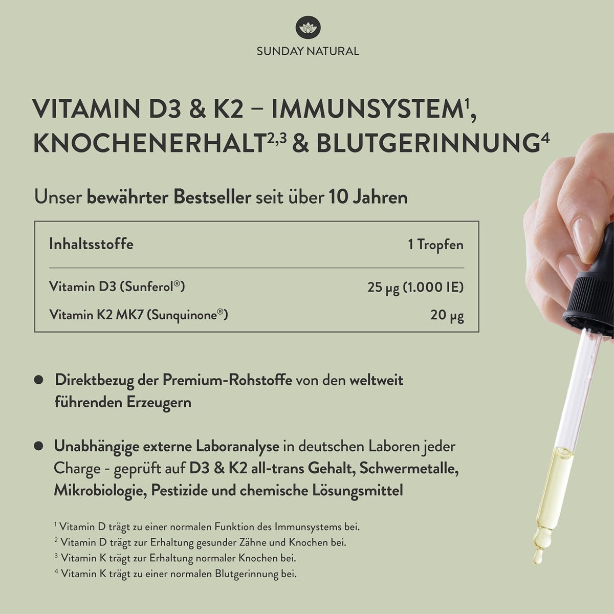 SUNDAY NATURAL® Vitamin D3 + K2 Tropfen - Premium: 99,8+% All-Trans + hoch bioverfügbares Vitamin D3 - Laborgeprüft in Deutschland, hochdosiert, flüssig - Perfekt zum Teilen