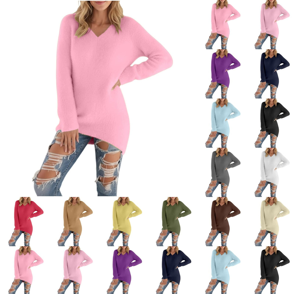 Générique Pull Femme Col V Chic Et Elegant Hiver Grande Taille Manche Longue Chaude Sexy Oversize Couleur Unie Tricot Pulls