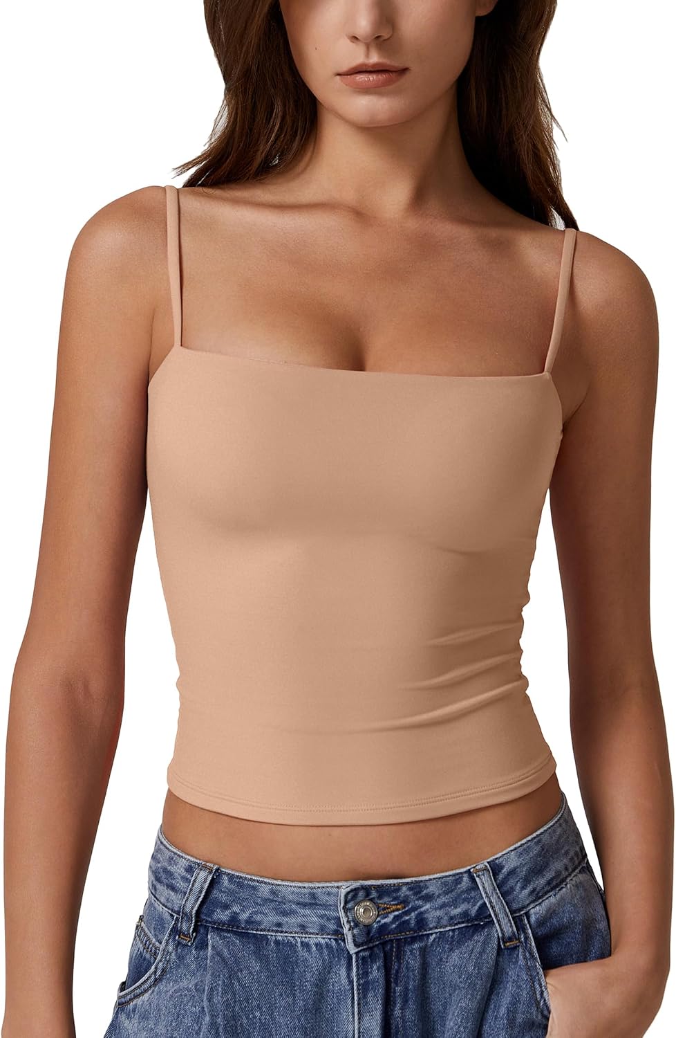 QINSEN Women's Double Lined Basic Tank Top Adjustable Spaghetti Straps Sleeveless Camisole Shirts