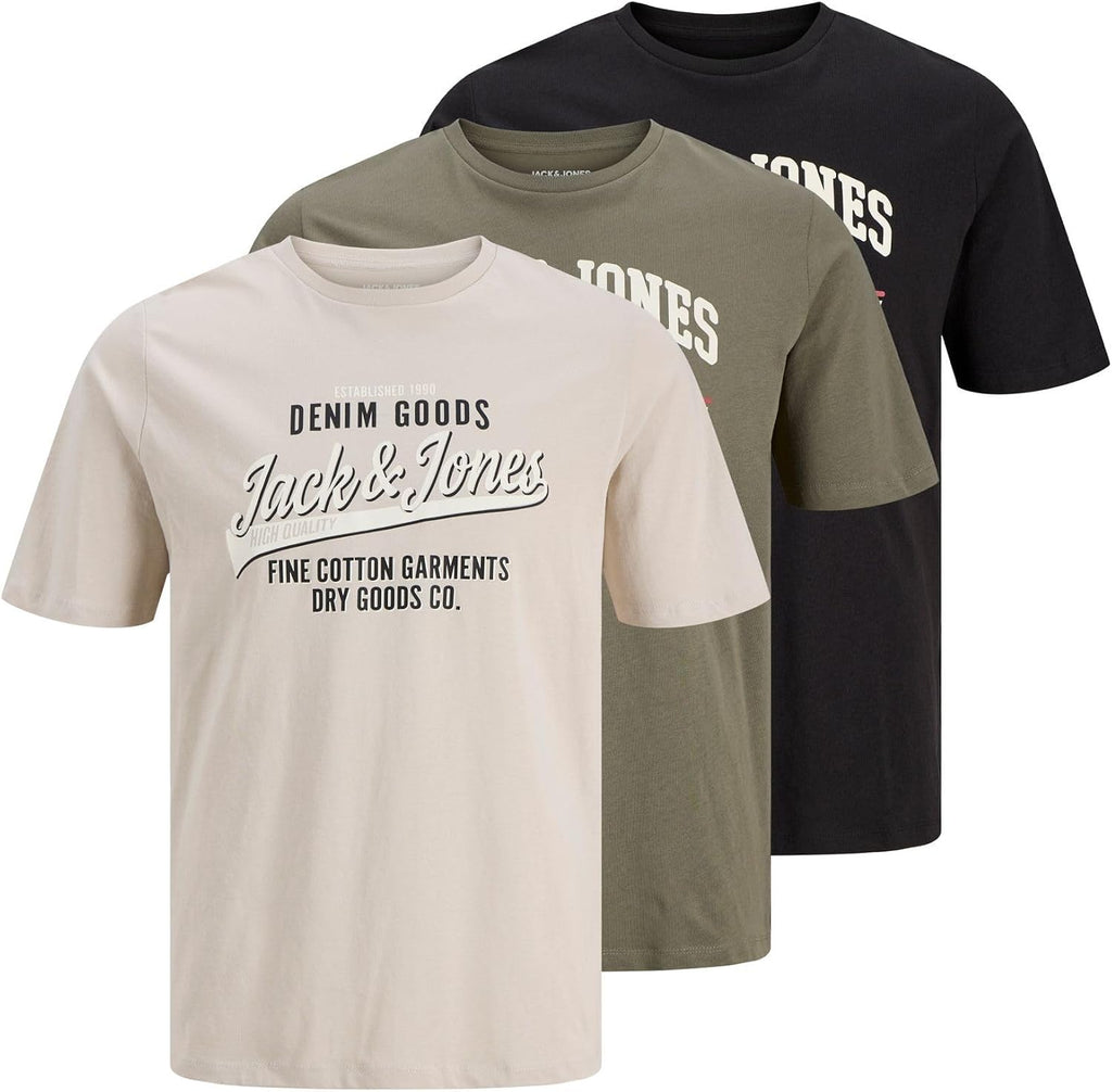 JACK & JONES Herren T-Shirt 3er Pack – Baumwolle, Rundhals, Kurzarm, mit Print – Bequeme Freizeitshirts im modernen Design