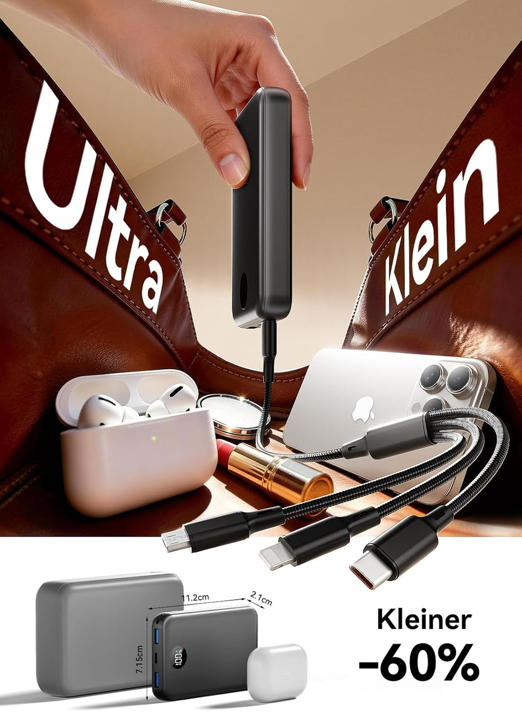 Power Bank 27000mAh, Ultra Kompakte Powerbank Schnellladen mit 3-in-1 Kabel