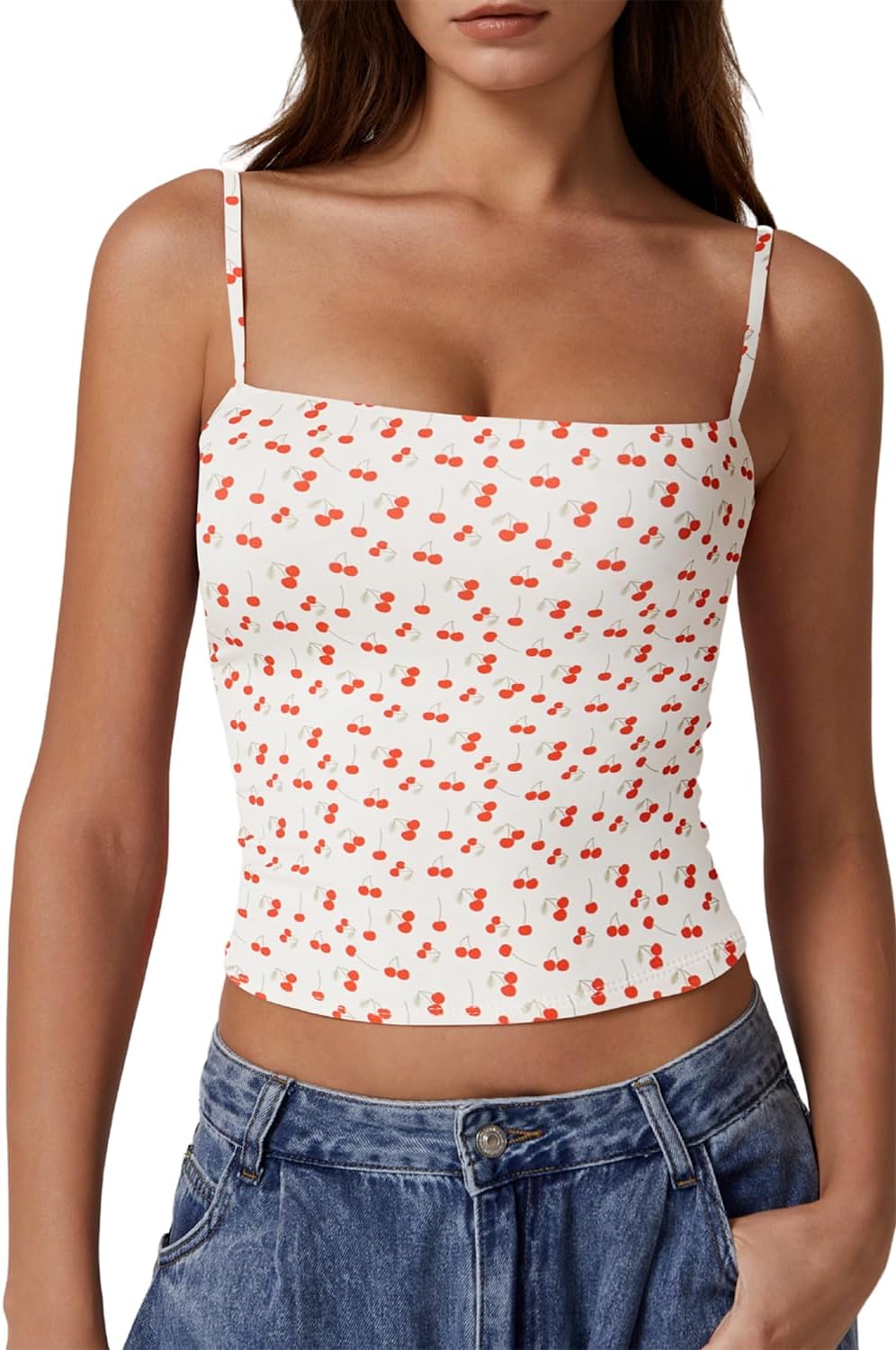 QINSEN Women's Double Lined Basic Tank Top Adjustable Spaghetti Straps Sleeveless Camisole Shirts