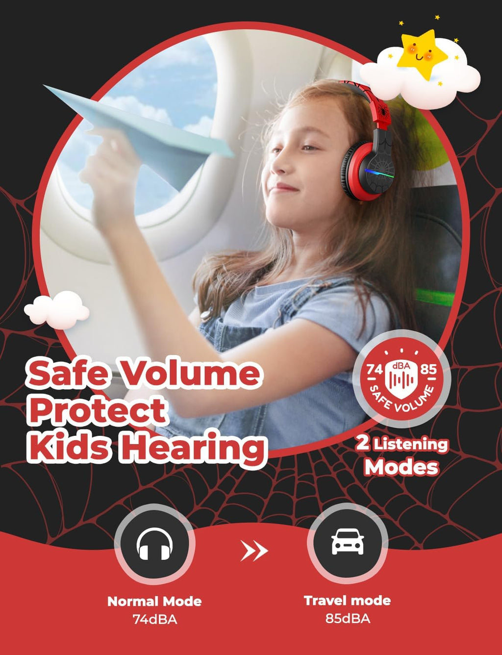 iClever BTH12 Bluetooth-Kopfhörer für Kinder mit LED-Beleuchtung, 85 Stunden Wiedergabezeit, ideal für Reisen