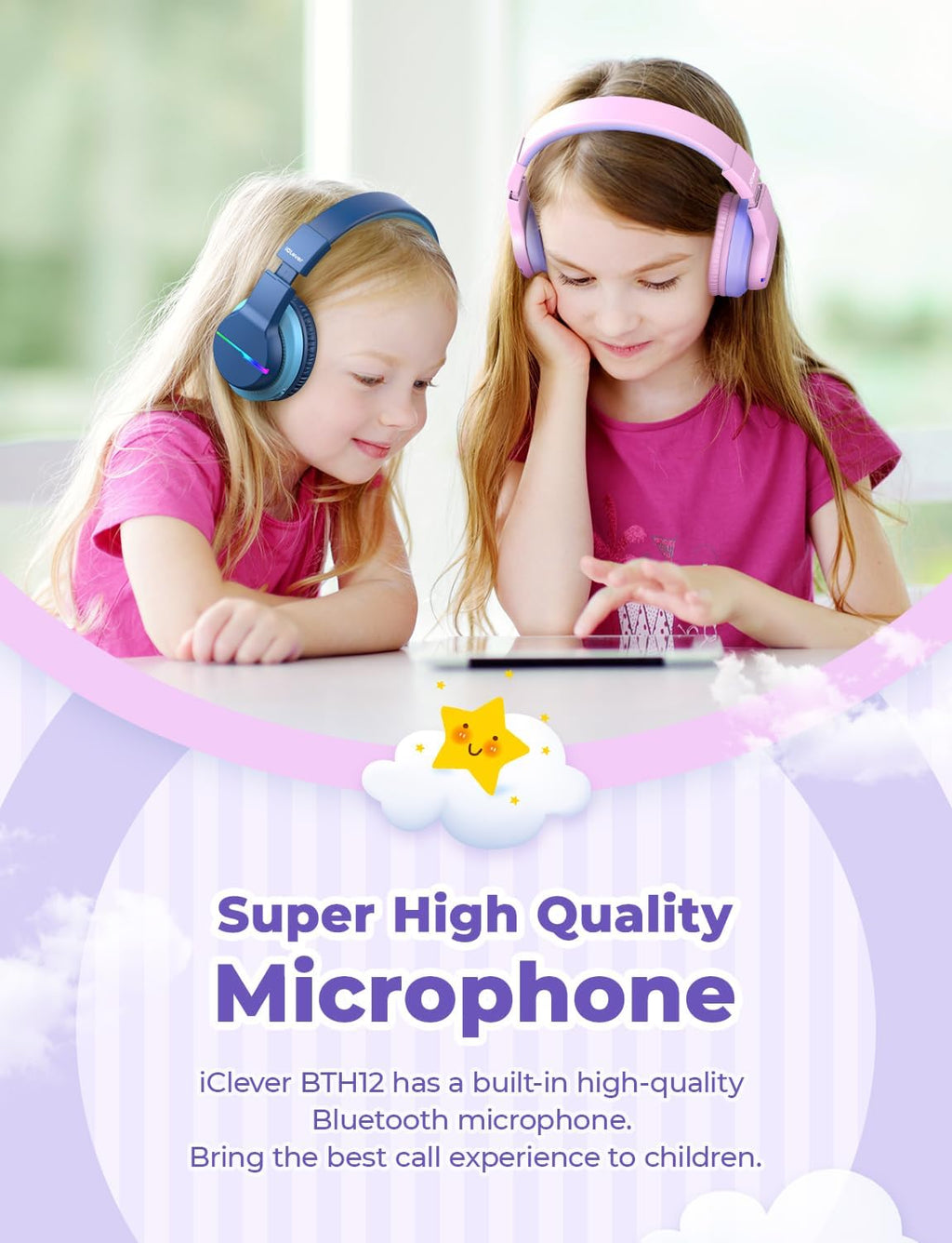 iClever BTH12 Bluetooth-Kopfhörer für Kinder mit LED-Beleuchtung, 85 Stunden Wiedergabezeit, ideal für Reisen