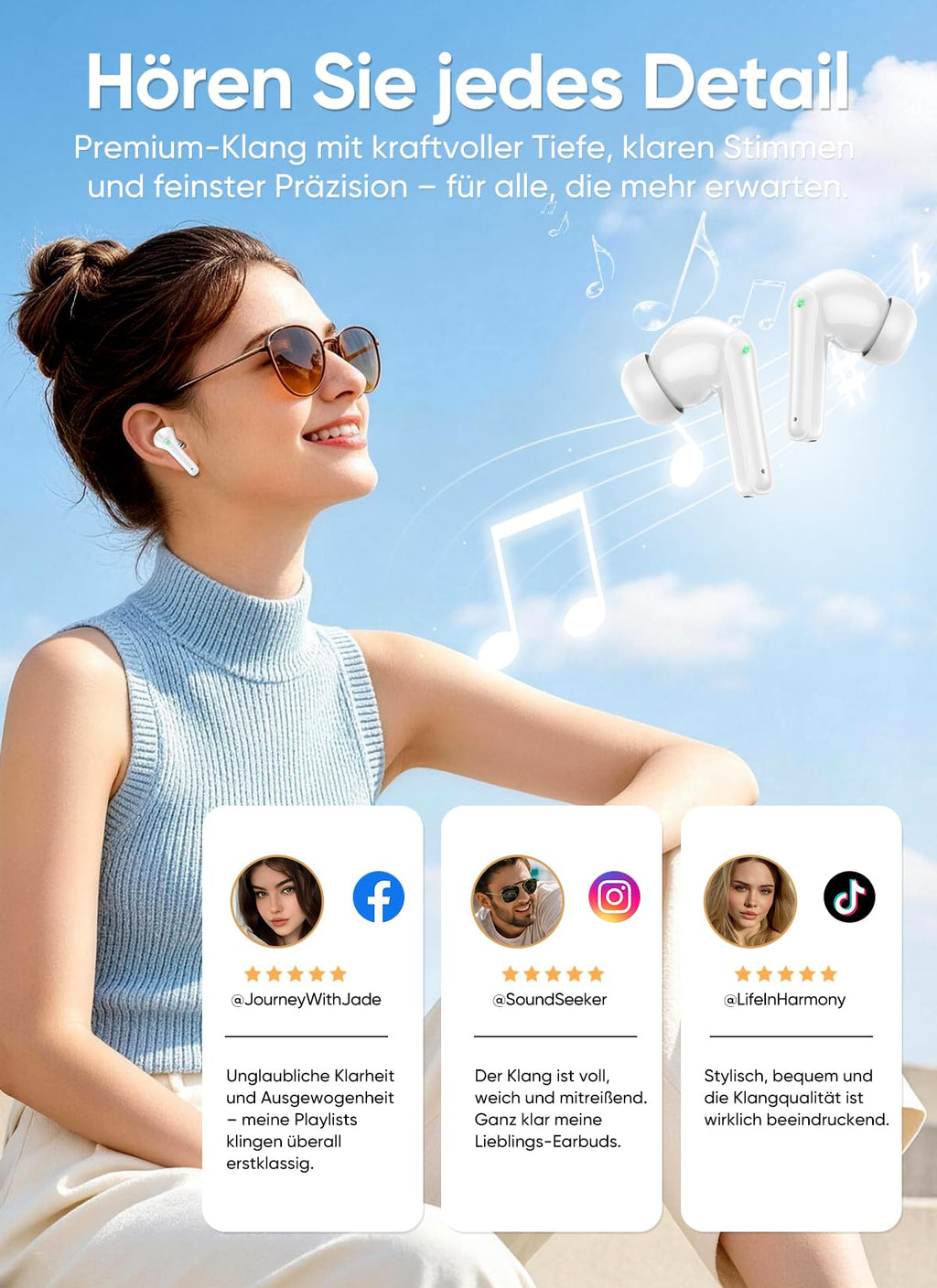 Bluetooth 5.4 Kabellose In-Ear Kopfhörer mit Smart Touchscreen, 48 Std. Wiedergabezeit, Aktive ANC Geräuschunterdrückung + ENC Anrufverarbeitung, 5 EQ-Modi, HiFi Stereo, IPX7 Wasserdicht Austerweiß