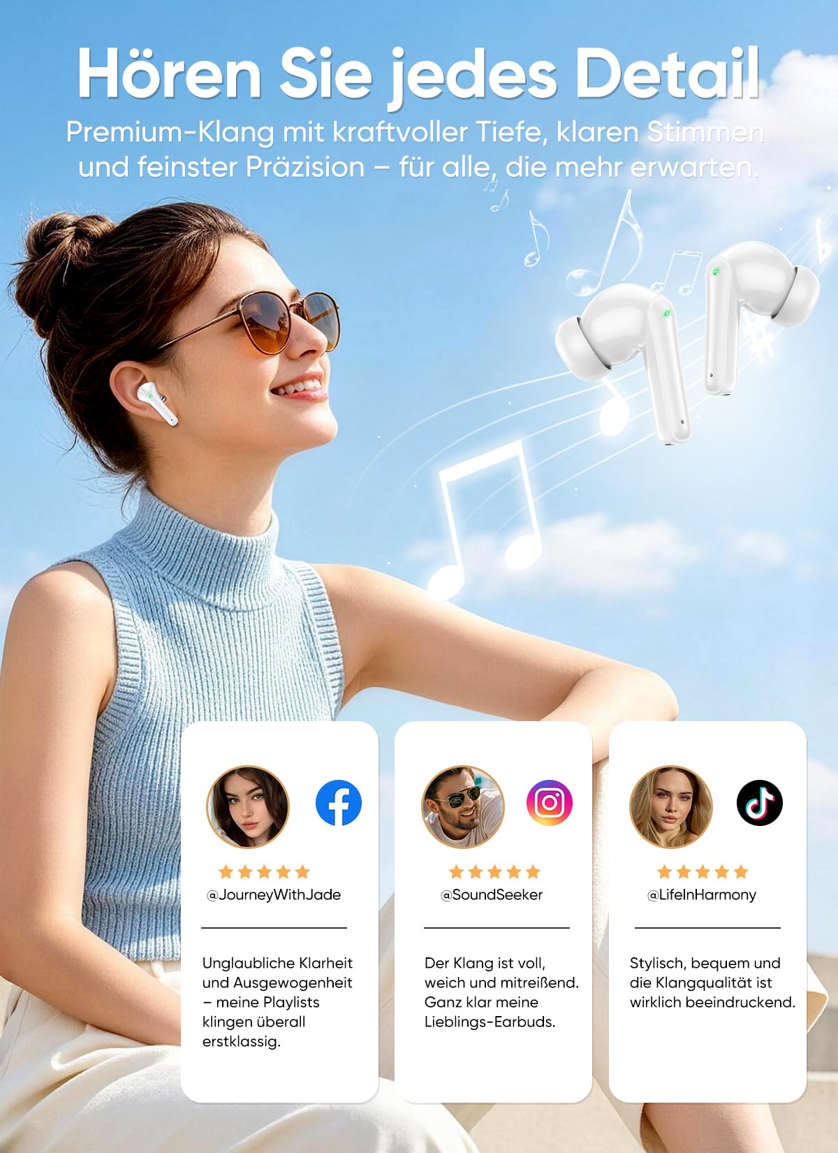 Bluetooth 5.4 Kabellose In-Ear Kopfhörer mit Smart Touchscreen, 48 Std. Wiedergabezeit, Aktive ANC Geräuschunterdrückung + ENC Anrufverarbeitung, 5 EQ-Modi, HiFi Stereo, IPX7 Wasserdicht Austerweiß