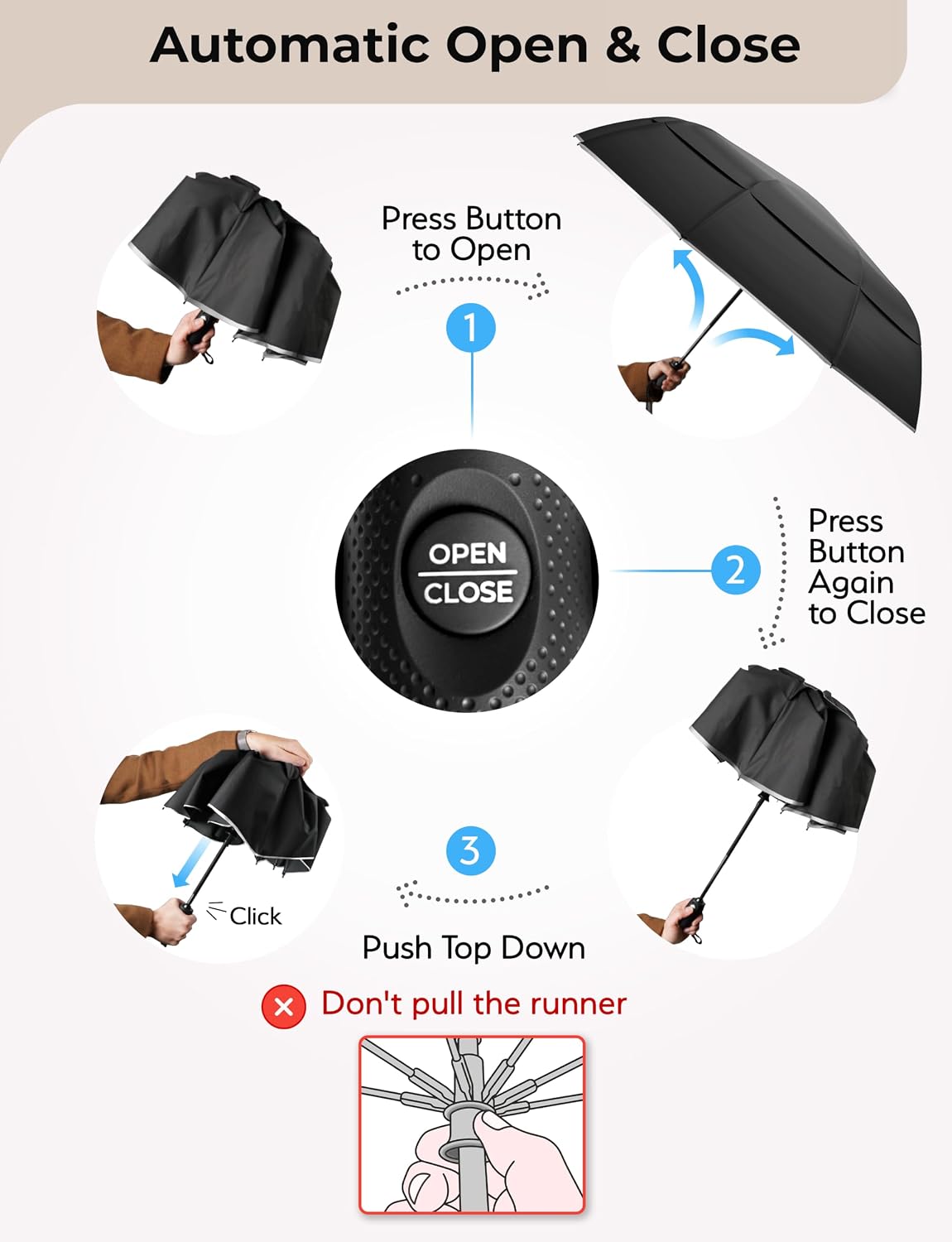 TUMELLA Strongest Windproof Travel Umbrella (Compact, 100MPH Wind-Tested), Light, Portable, One-Handed Use, Automatic Folding Rain Umbrella, Durable, Premium Grip, Fits Car & Backpack