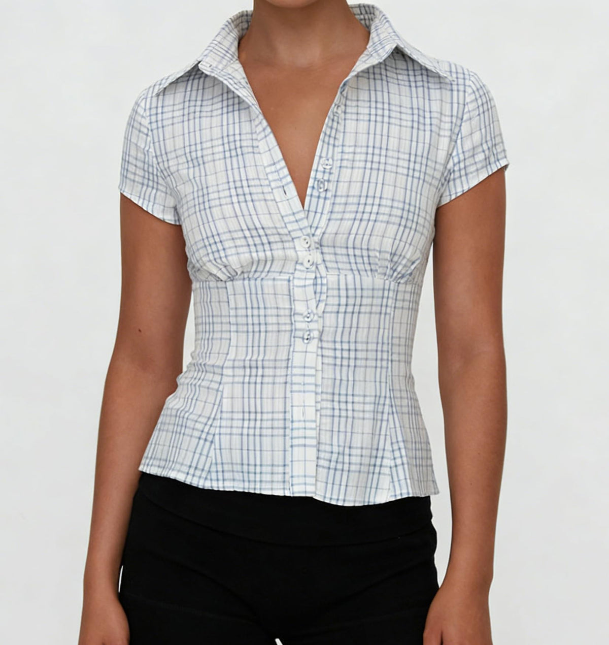 Damen Y2K Kurzarm-Bluse mit Knopfleiste, körperbetont und mit Kragen