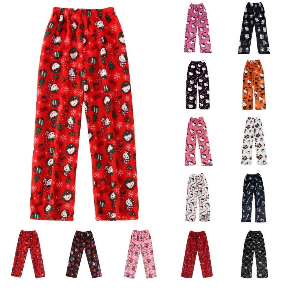 Chnnamzu Damen-Pyjamahose aus Flanell, warmes und weiches Fleece-Pyjamaunterteil, süßes Cartoon-Katzen-Motiv, Kawaii-Mode, lässige Nachtwäsche, Loungewear-Hose