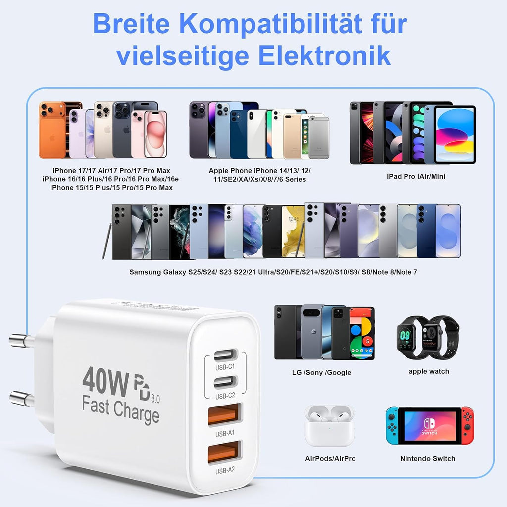 2er Pack USB C Ladegerät, 4 Ports 40W Mehrfach Schnellladegerät Netzteil Power Adapter Für iPhone 18/17/16/15/14/Für iPhone 13/12/11 Pro/Max/Plus/XR/XS/iPad/Samsung Handy, USB C & USB A PD 3.0 Charger