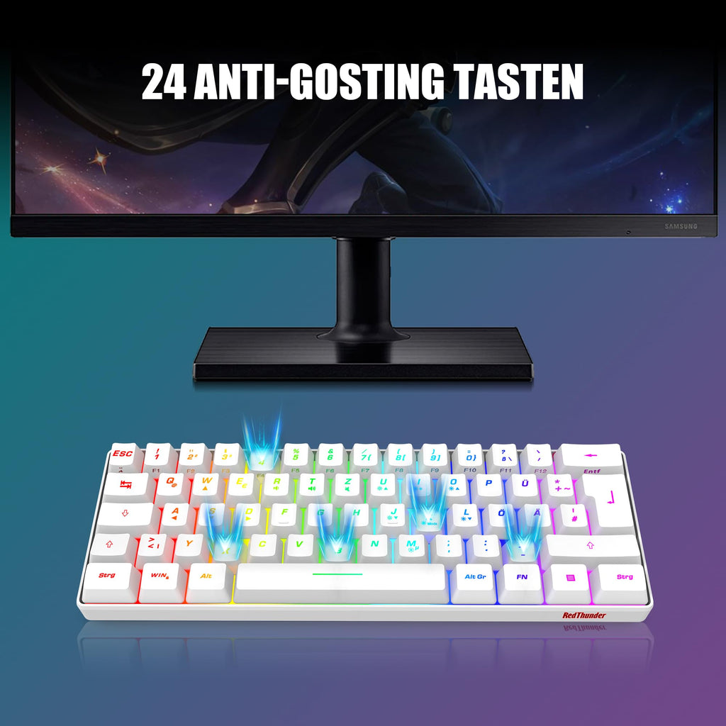 RedThunder 60% Kabelloses RGB Gaming Tastatur und Maus Set, QWERTZ DE Layout, Wiederaufladbare Funktastatur mit Ultraleichte Gaming Maus mit Wabenkonstruktion, für PC MAC PS5 Xbox Gamer, Büro.