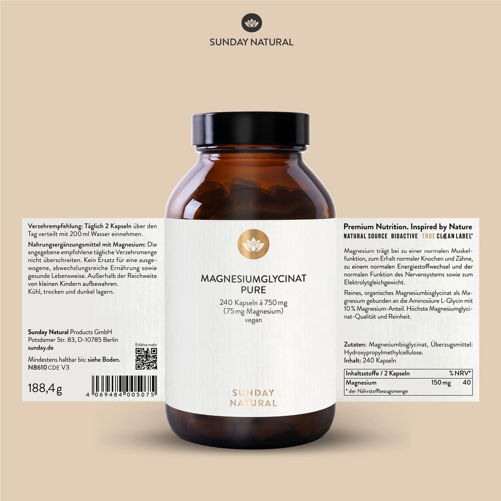 SUNDAY NATURAL® Magnesium Bisglycinat - 240 Kapseln - 300mg reines Magnesium pro Tagesdosis - Depot Magnesiumglycinat als organisches Aminosäurechelat - Laborgeprüft, vegan