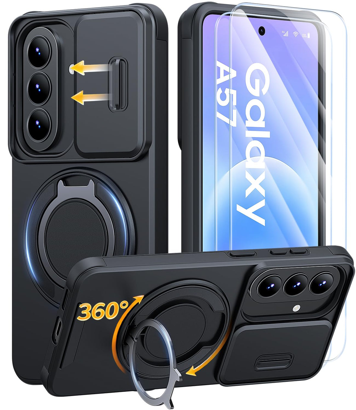 AOUIA für Samsung Galaxy S26 Ultra Hülle mit 2 Stück Panzerglas, Kameraschutz, 360° drehbarer Ringständer, Militärstandard Stoßschutz, robuste Handyhülle für Samsung S26 Ultra, Schwarz