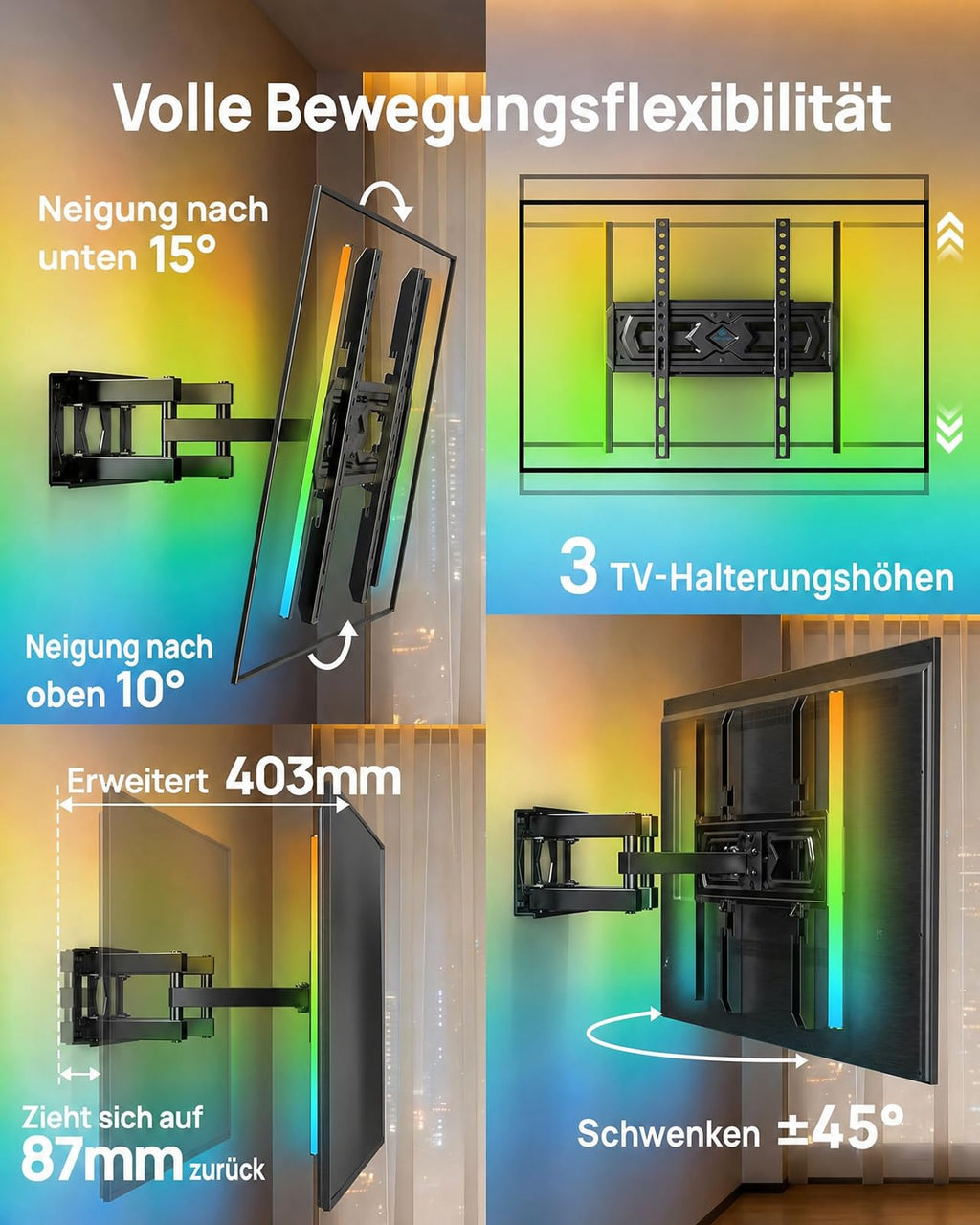 PERLESMITH TV-Wandhalterung, TV-Wandhalterung für 26-70 Zoll Fernseher, 45 kg
