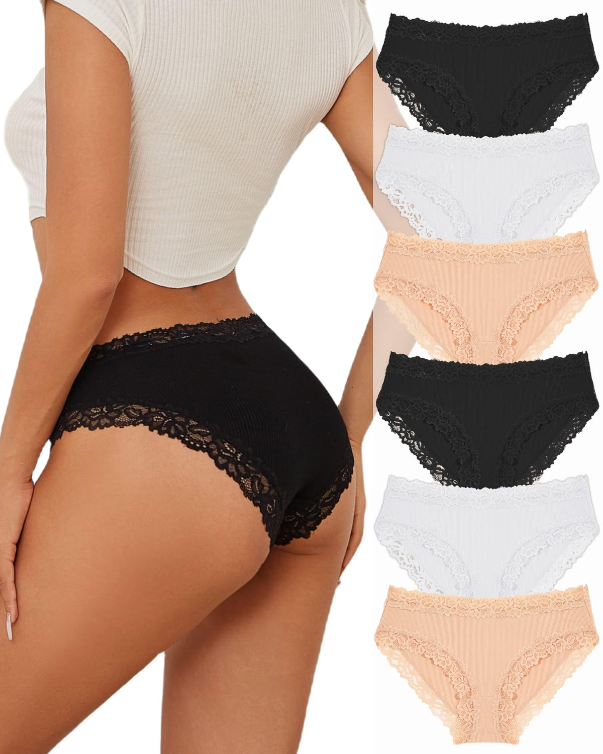 ALL OF SHE 6er-Pack Damen-Unterwäsche aus Baumwolle, Slips mit Spitze, weiche Hipster, sexy Unterhosen im Multipack