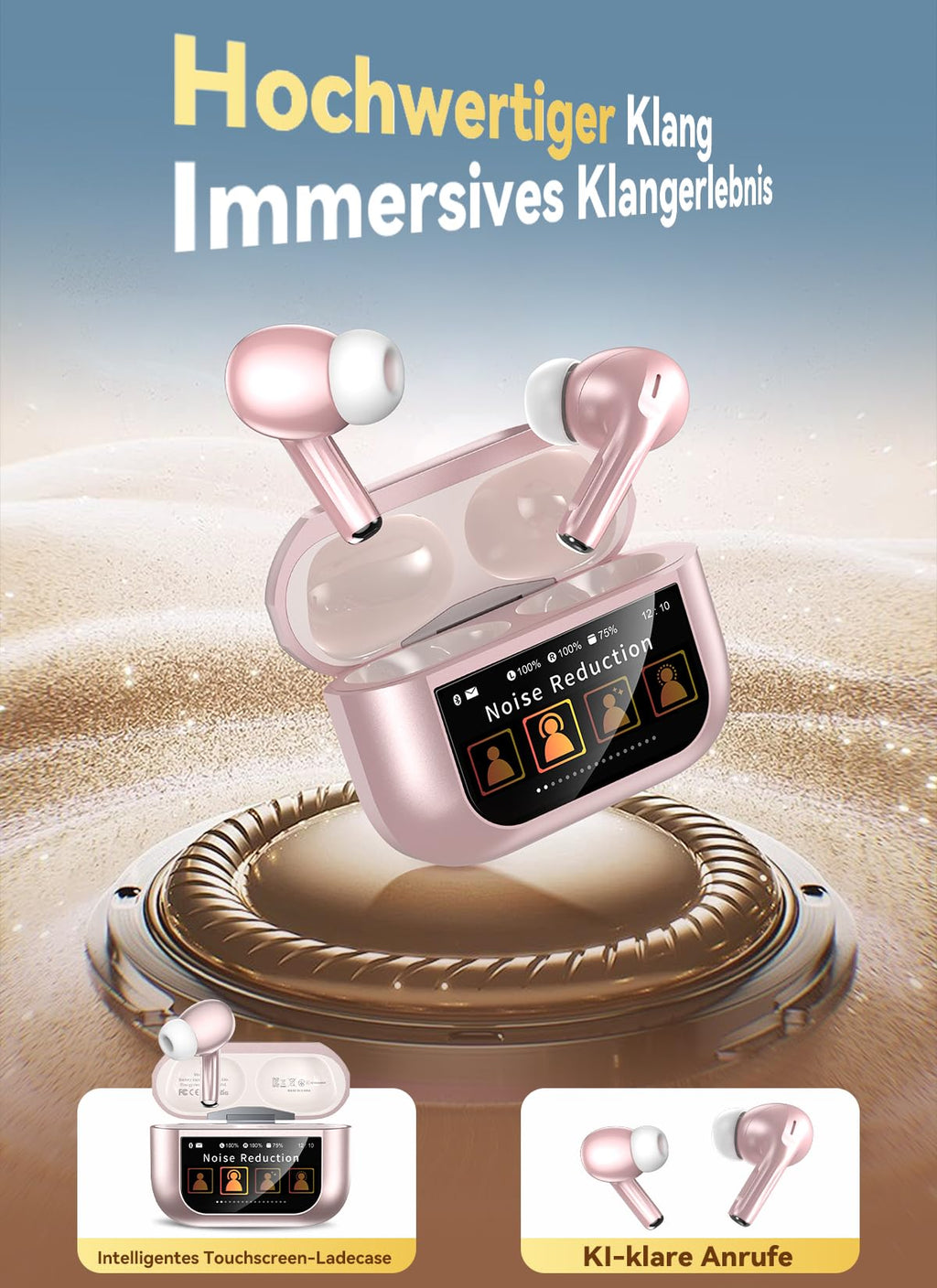 Bluetooth 5.4 Kabellose In-Ear Kopfhörer mit Smart Touchscreen, 48 Std. Wiedergabezeit, Aktive ANC Geräuschunterdrückung + ENC Anrufverarbeitung, 5 EQ-Modi, HiFi Stereo, IPX7 Wasserdicht Austerweiß