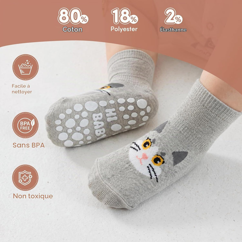 SockWaddles Chaussettes de bébé, 5 paires de chaussettes antidérapantes ABS respirantes pour enfants, chaussettes de bébé en coton, garçons et filles avec des animaux et des licornes