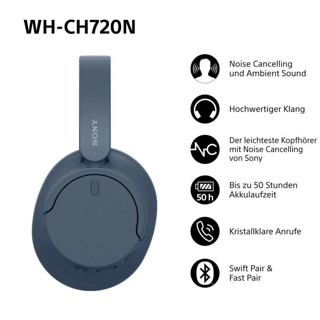 Sony WH-CH720N Kabelloser Bluetooth-Kopfhörer mit Noise Cancelling - bis zu 35 Stunden Akkulaufzeit und Schnellladefunktion - Schwarz
