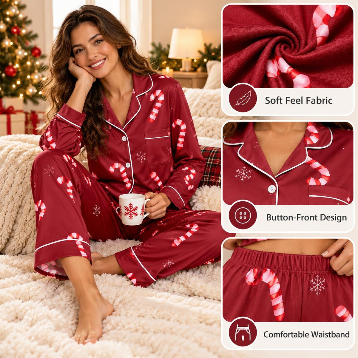 Christmas Pyjamas Women 2026 2 Ladies Pieces Fluffy Pjs Matching Christmas Womens Pyjamas Long Sleeve Xams Plus Size Fashion Autumn Winter Nightwear Lounge Wear Sets for Women UK
