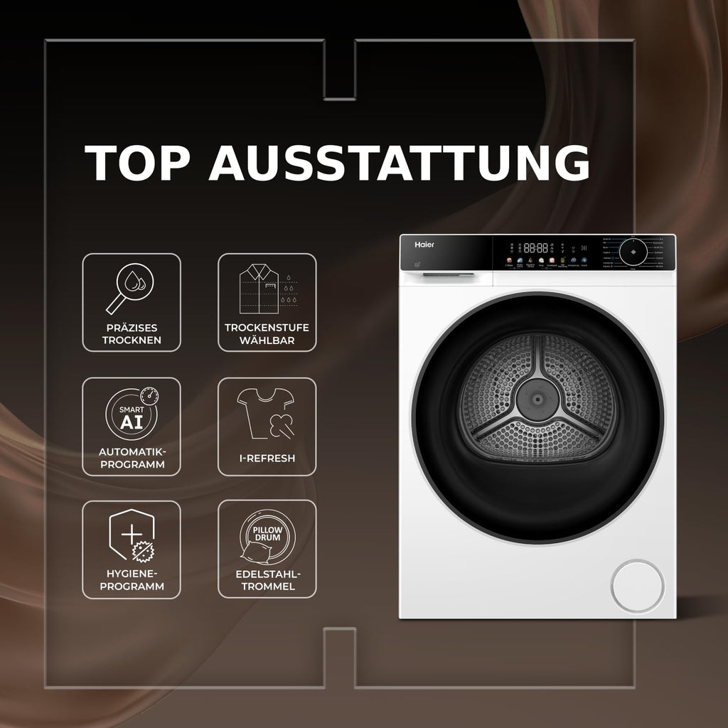 Haier Wärmepumpentrockner 9kg I G7 Serie I Klasse B I AI Power Inverter Motor, iOn Air Fresh, Pillow-Schontrommel, Automatik- & Hygiene-Programm, hOn AppI HD90-B667U1