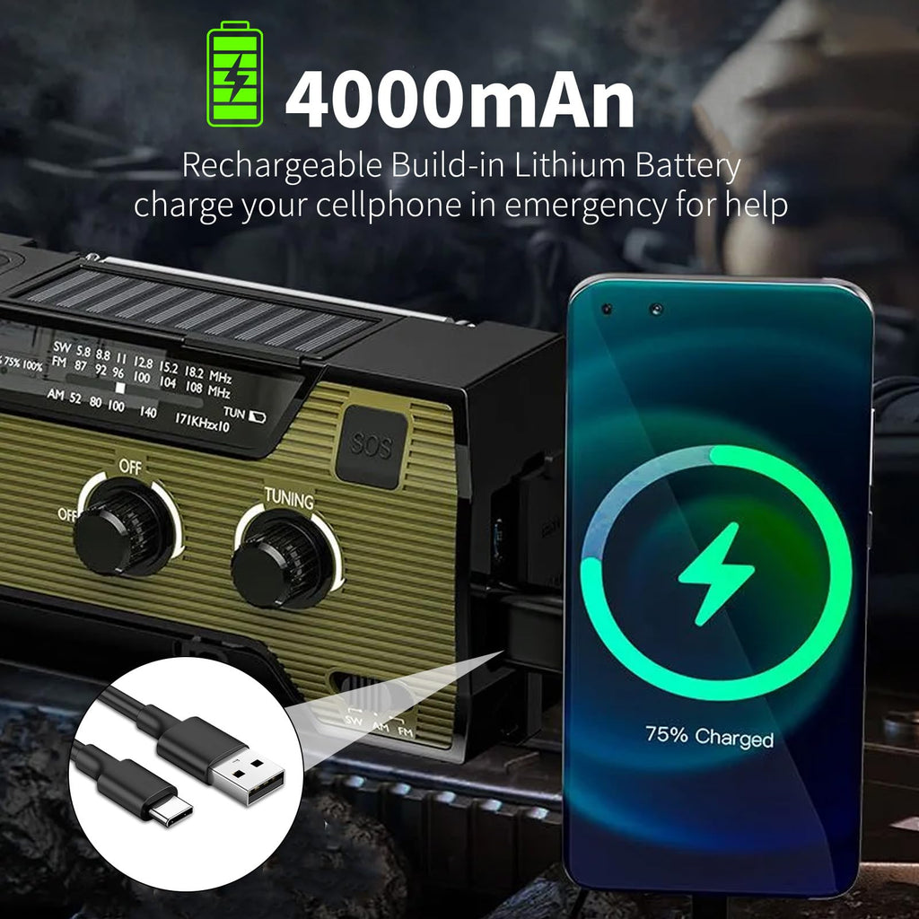 Notfall-Solarradio,Solarbaby Selbstbetriebenes Kurbelradio mit LED-Taschenlampe, SOS-Alarm,AM/FM Wetter Wind Up Radio mit 2000mAh Akku für Notladung von Smartphone,(Rod)