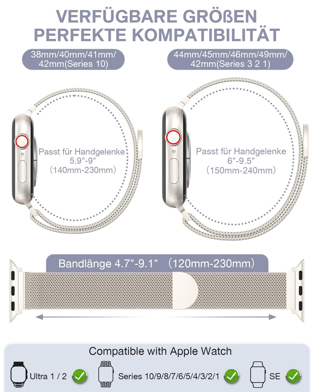 OULUOQI Edelstahl Milanaise Armband für Apple Watch 44mm 46mm 45mm 49mm