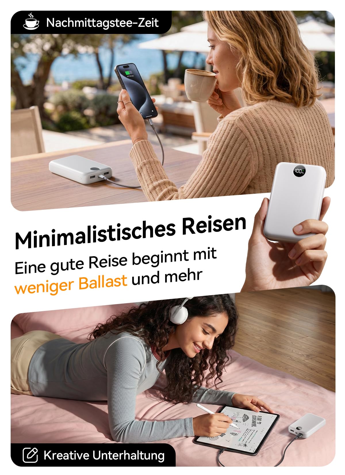 Power Bank 27000mAh, Ultra Kompakte Powerbank Schnellladen mit 3-in-1 Kabel