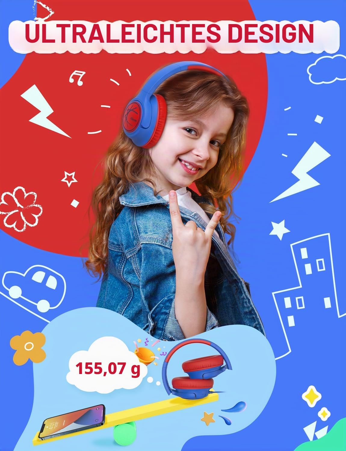 iClever HS26 Kopfhörer Kinder mit 3,5 mm Kabel für Schule/Tablet/Reisen