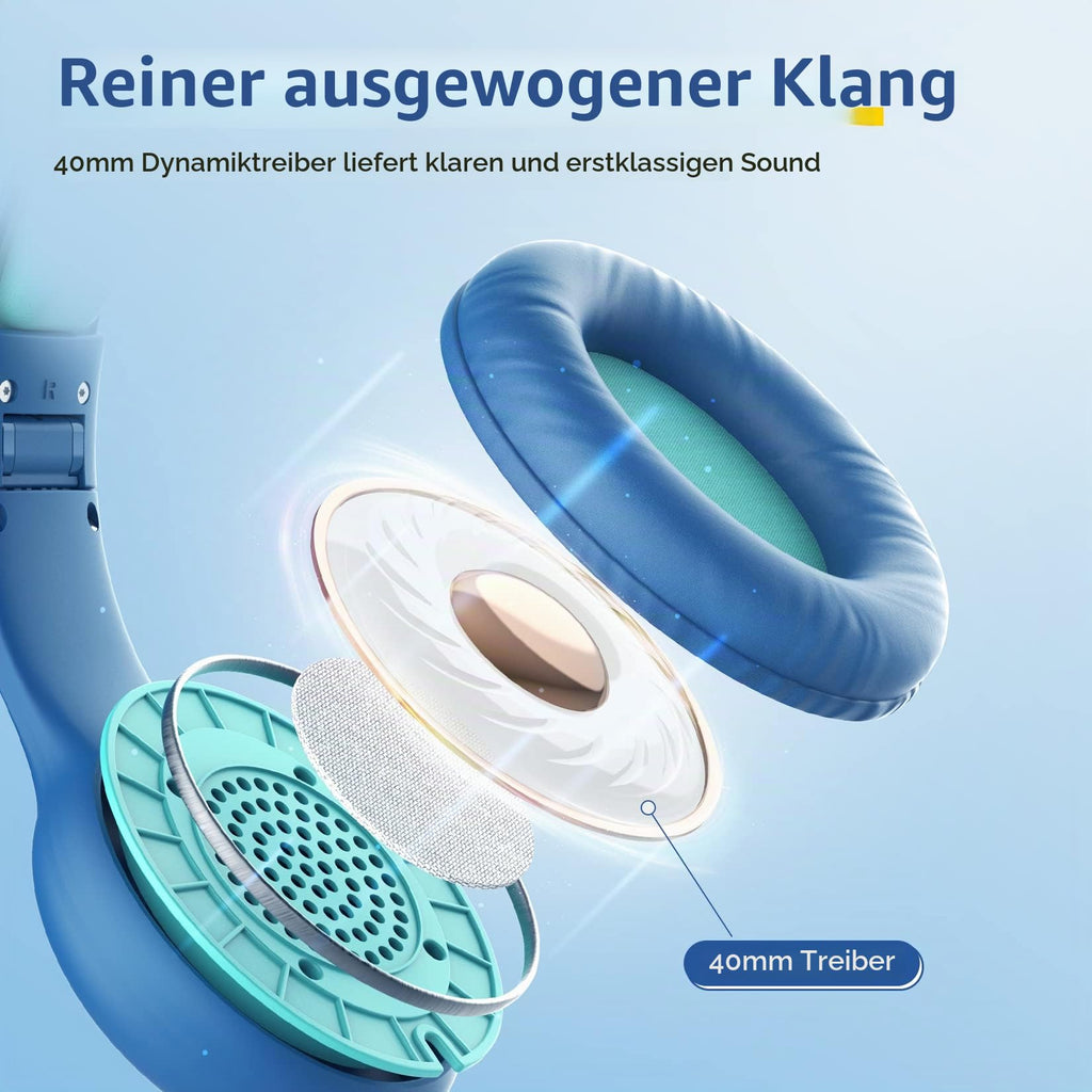 EarFun Kinder Kopfhörer mit 3,5 mm Kabel, Lautstärkebegrenzung, Blau-grün