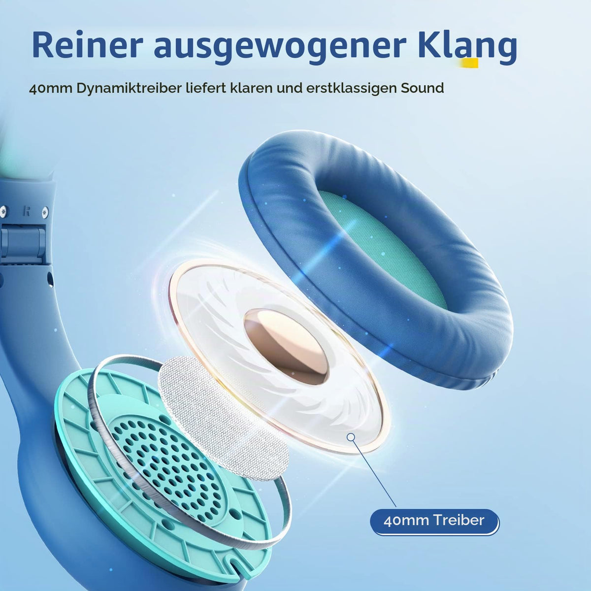 EarFun Kinder Kopfhörer mit 3,5 mm Kabel, Lautstärkebegrenzung, Blau-grün
