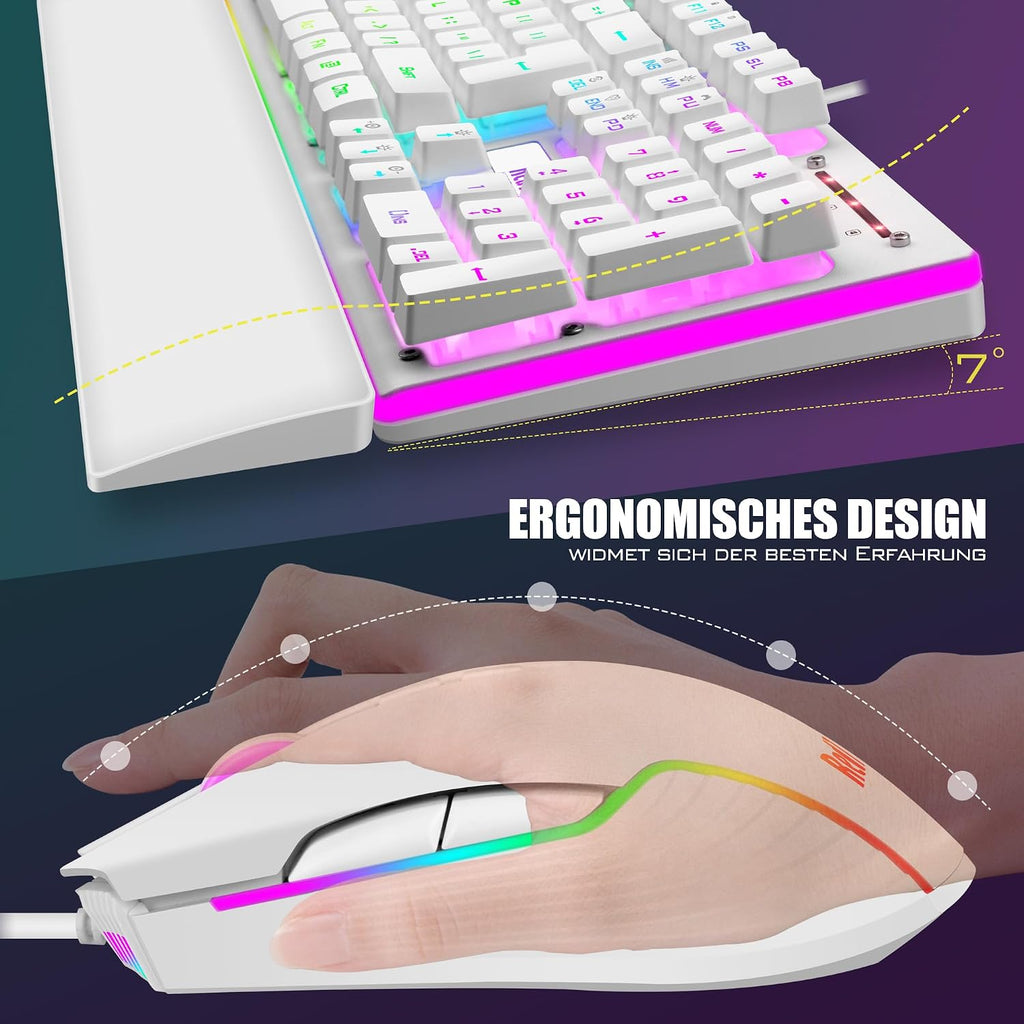 RedThunder K10 Gaming Tastatur und Maus Set, QWERTZ DE-Layout, Metallplatte und Handballenauflager，RGB-Hintergrundbeleuchtung - und 7D mit Ergonomische - für PC Mac Gamer(Weiß)