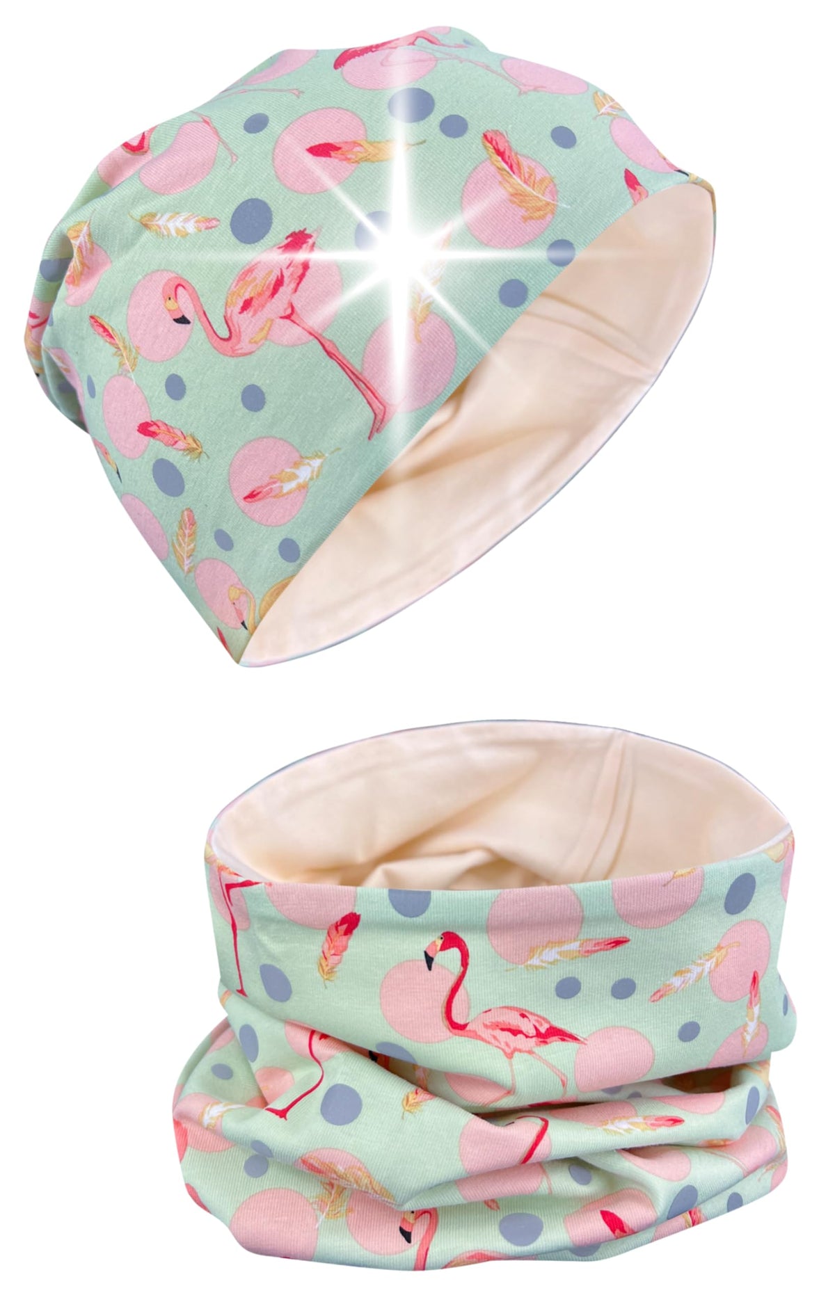 HECKBO 360° Reflektor Kinder Mütze & Loop Schal Set - 95% Baumwolle - weiches & pflegeleichtes Stretch-Material - Beanie Frühling Herbst Winter (48-54 cm)