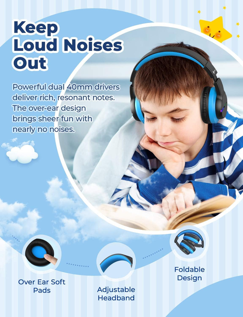 iClever BTH12 Bluetooth-Kopfhörer für Kinder mit LED-Beleuchtung, 85 Stunden Wiedergabezeit, ideal für Reisen