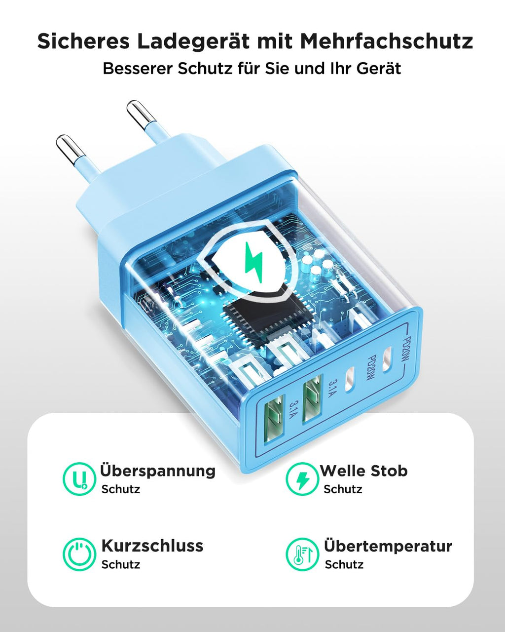 USB C Ladegerät, 40W 4-Port USB ladegerät Mehrfach Schnellladegerät PD 3.0